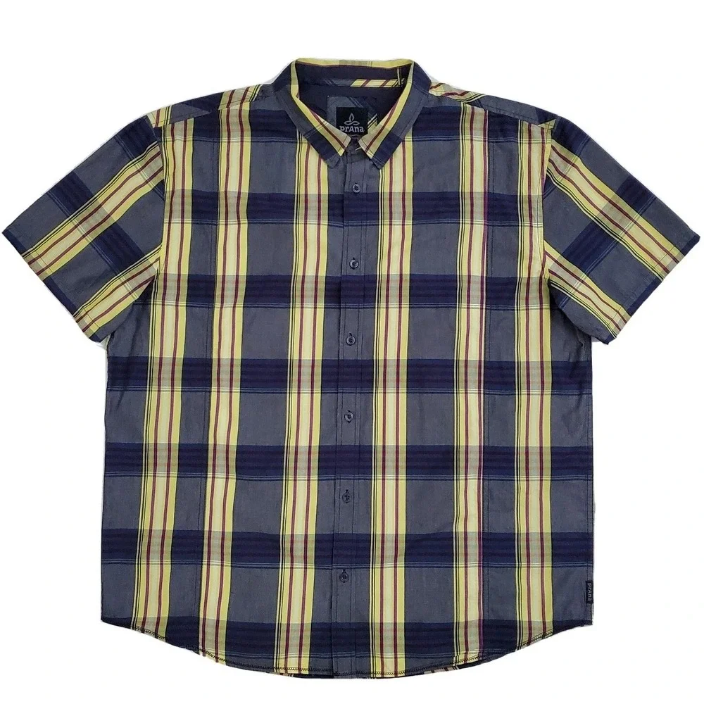 Prana Mens XXL Gray Yellow Plaid Button Front Short Sleeve Casual Hiking Shirt